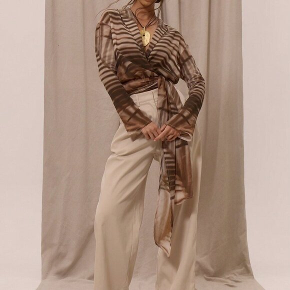 Multicolor Women's Elegant Boho Lapel Collared Chiffon Patterned Wrap top - Picture 6 of 7